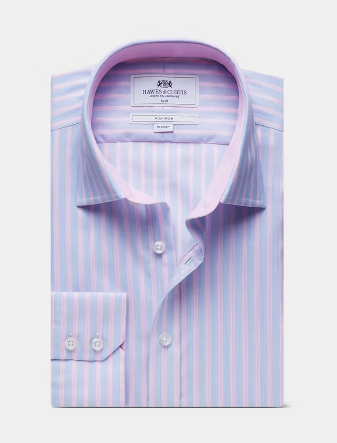 Hawes & Curtis Blue & Pink Bold Stripe Non-Iron Shirt - Contrast Detail