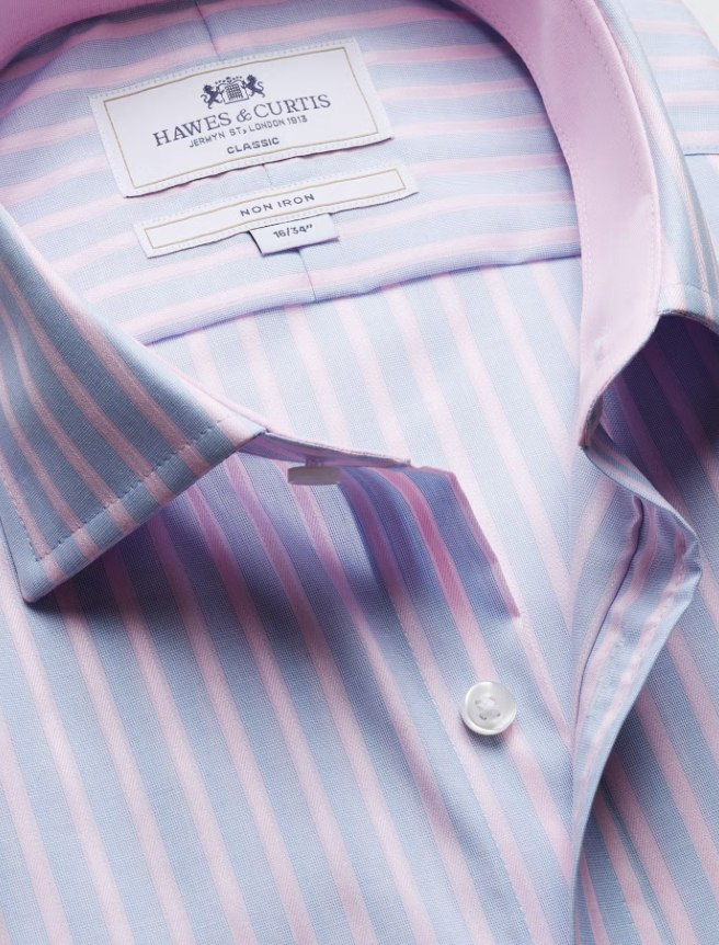 Hawes & Curtis Blue & Pink Bold Stripe Non-Iron Shirt - Contrast Detail