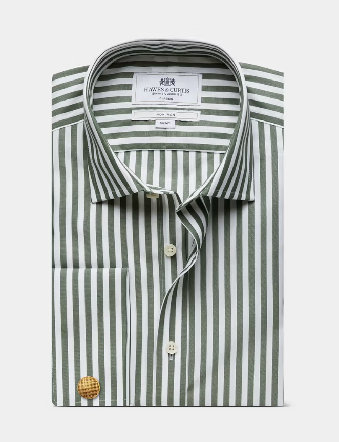 Hawes & Curtis Green & White Bold Stripe Non-Iron Shirt