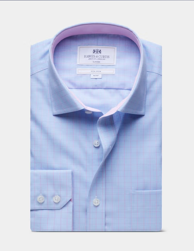 Hawes & Curtis Blue & Pink Windowpane Check Non-Iron Shirt