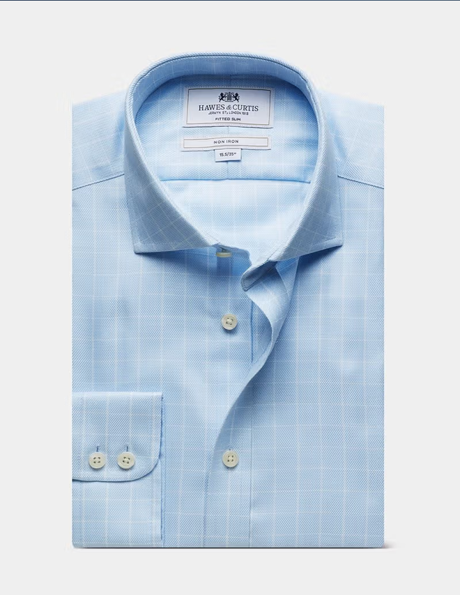 Hawes & Curtis Blue & White Windowpane Check Non-Iron Shirt