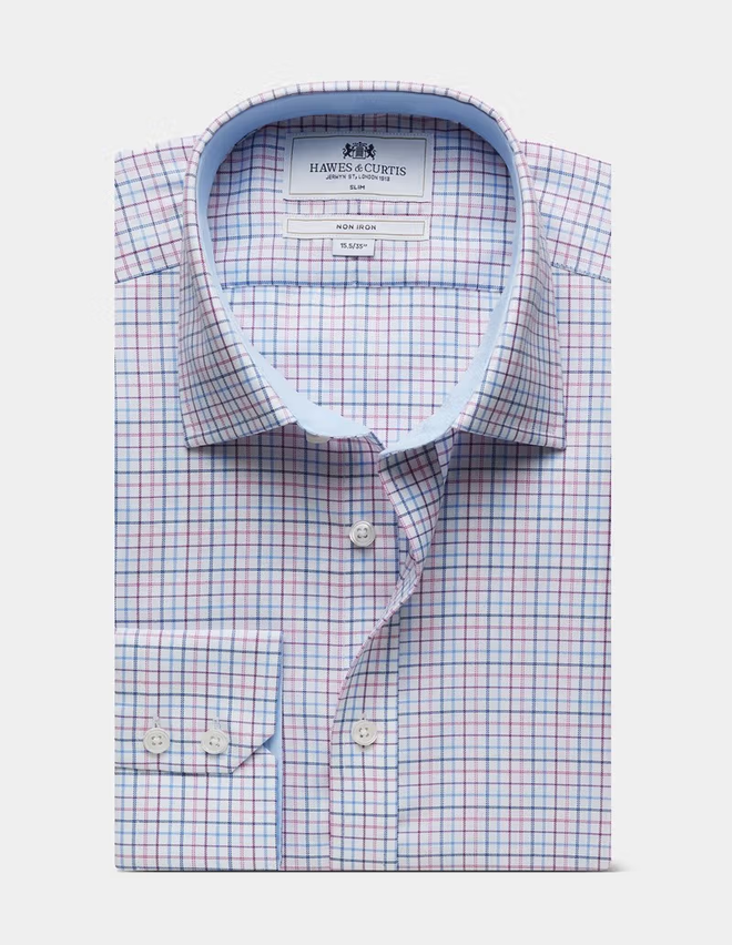 Hawes & Curtis Blue & Pink Multi Check Non-Iron Shirt - Contrast Detail