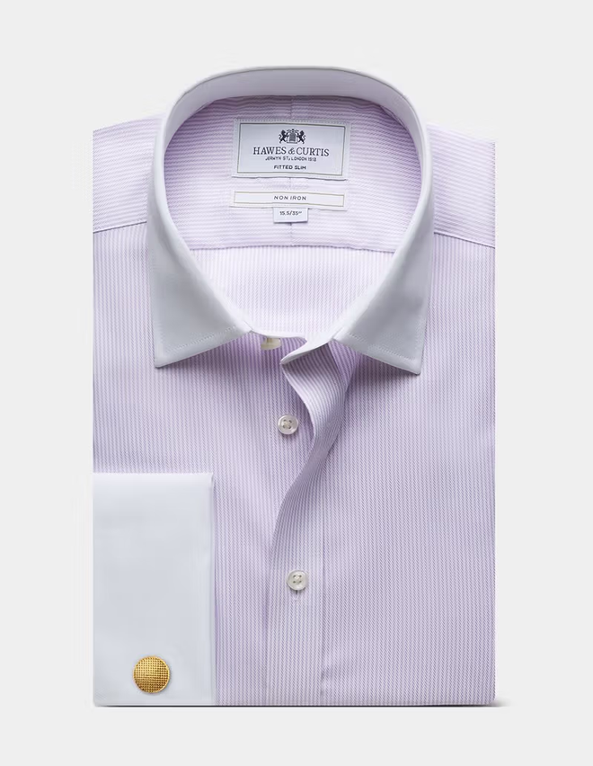 Hawes & Curtis Lilac & White Fine Stripe Non-Iron Shirt - Contrast Detail