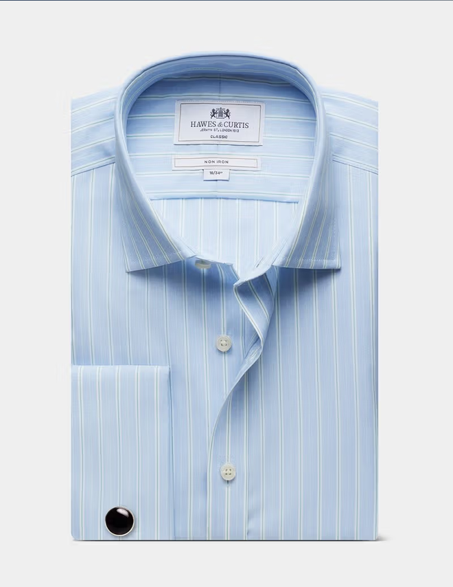Hawes & Curtis Blue & Green End on End Stripe Non-Iron Shirt