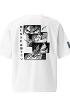 White short-sleeve T-shirt shown from the back, featuring a large black and white anime-style graphic print with green eyes and vertical Japanese text, plus a small sleeve print.