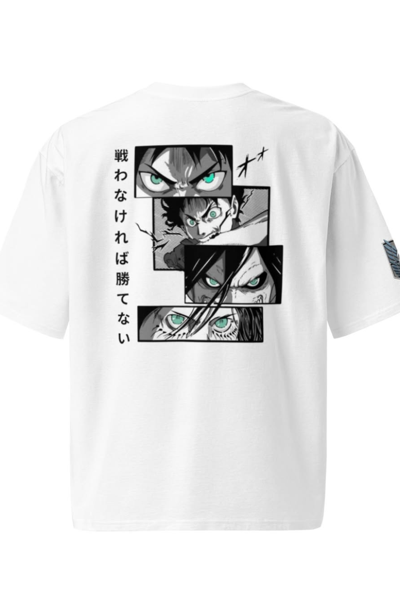 White short-sleeve T-shirt shown from the back, featuring a large black and white anime-style graphic print with green eyes and vertical Japanese text, plus a small sleeve print.