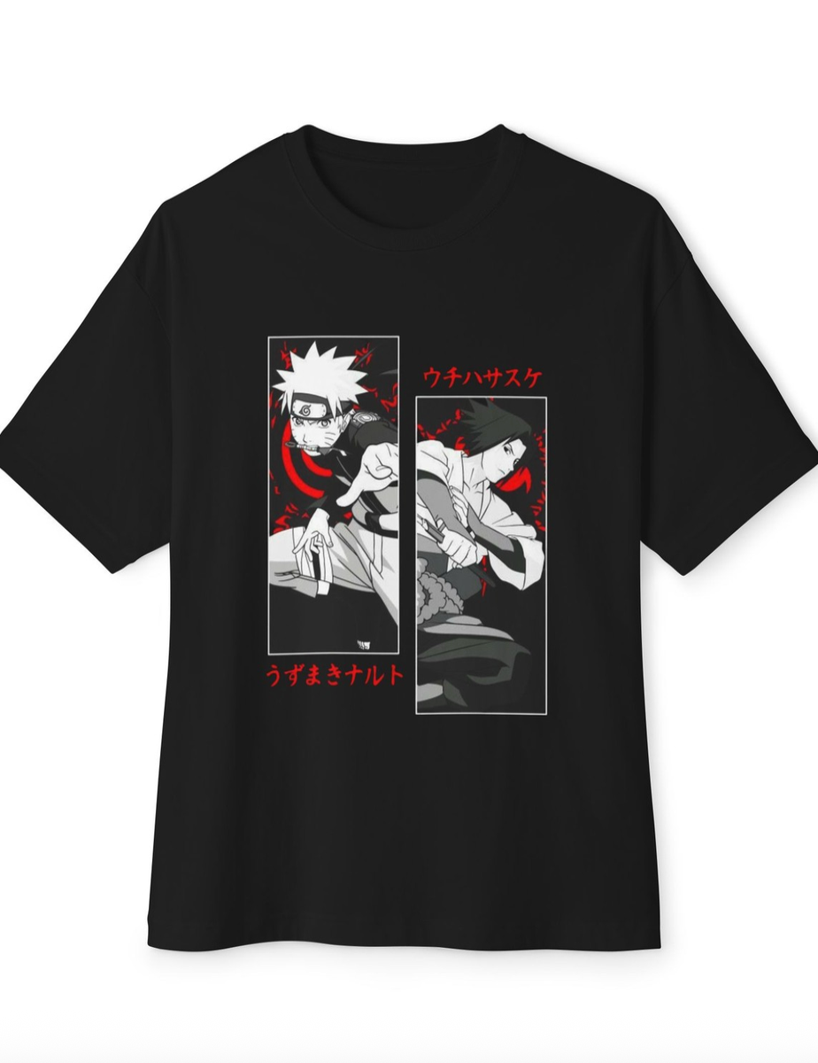 A black short-sleeve crewneck t-shirt featuring a graphic print of Naruto characters Kakashi and Sasuke in a red, white, and black manga-style panel layout with Japanese text.