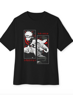 A black short-sleeve crewneck t-shirt featuring a graphic print of Naruto characters Kakashi and Sasuke in a red, white, and black manga-style panel layout with Japanese text.