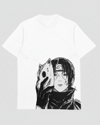 A white short-sleeve crewneck t-shirt featuring a black and white graphic print of the anime character Itachi Uchiha holding a mask.