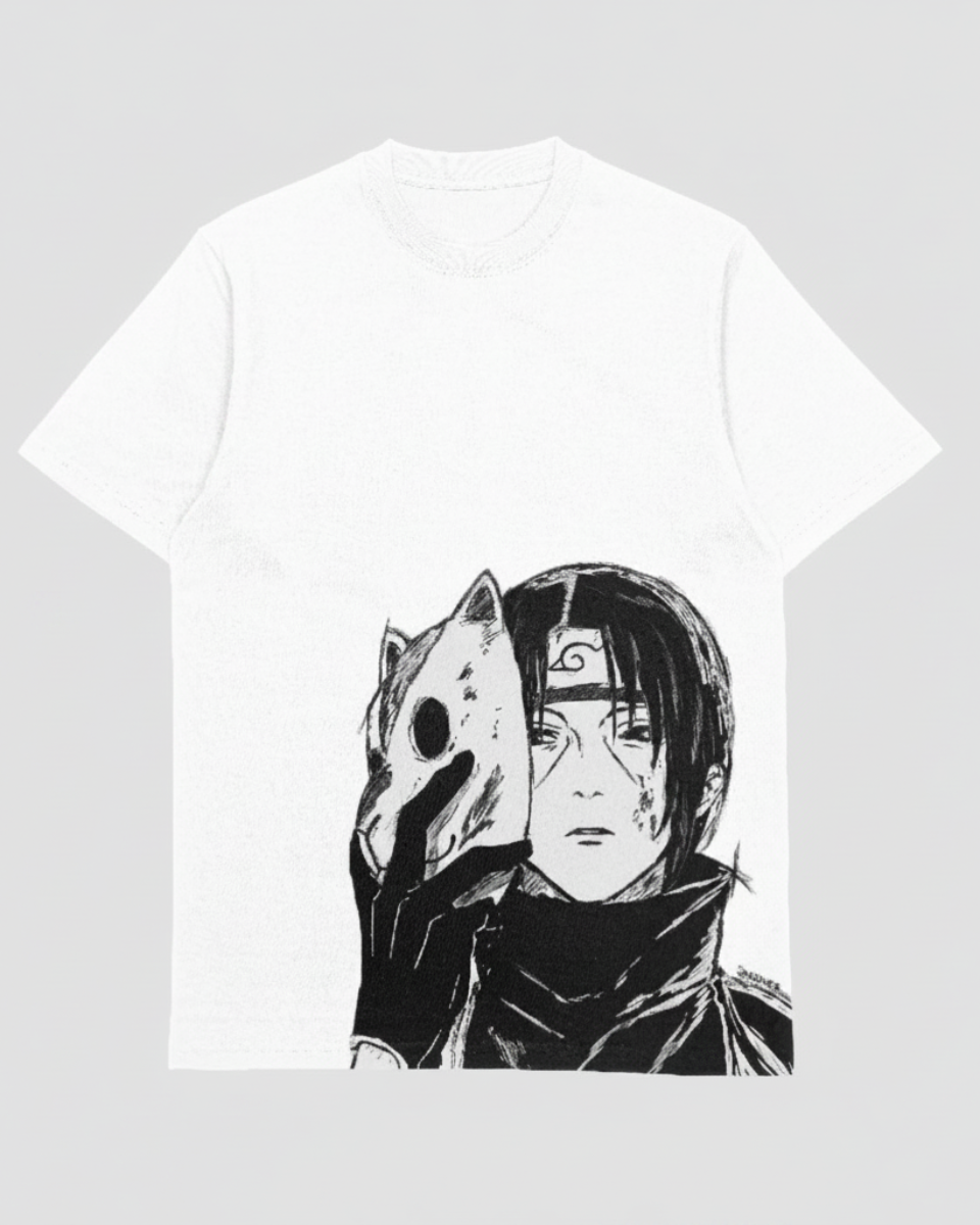 A white short-sleeve crewneck t-shirt featuring a black and white graphic print of the anime character Itachi Uchiha holding a mask.
