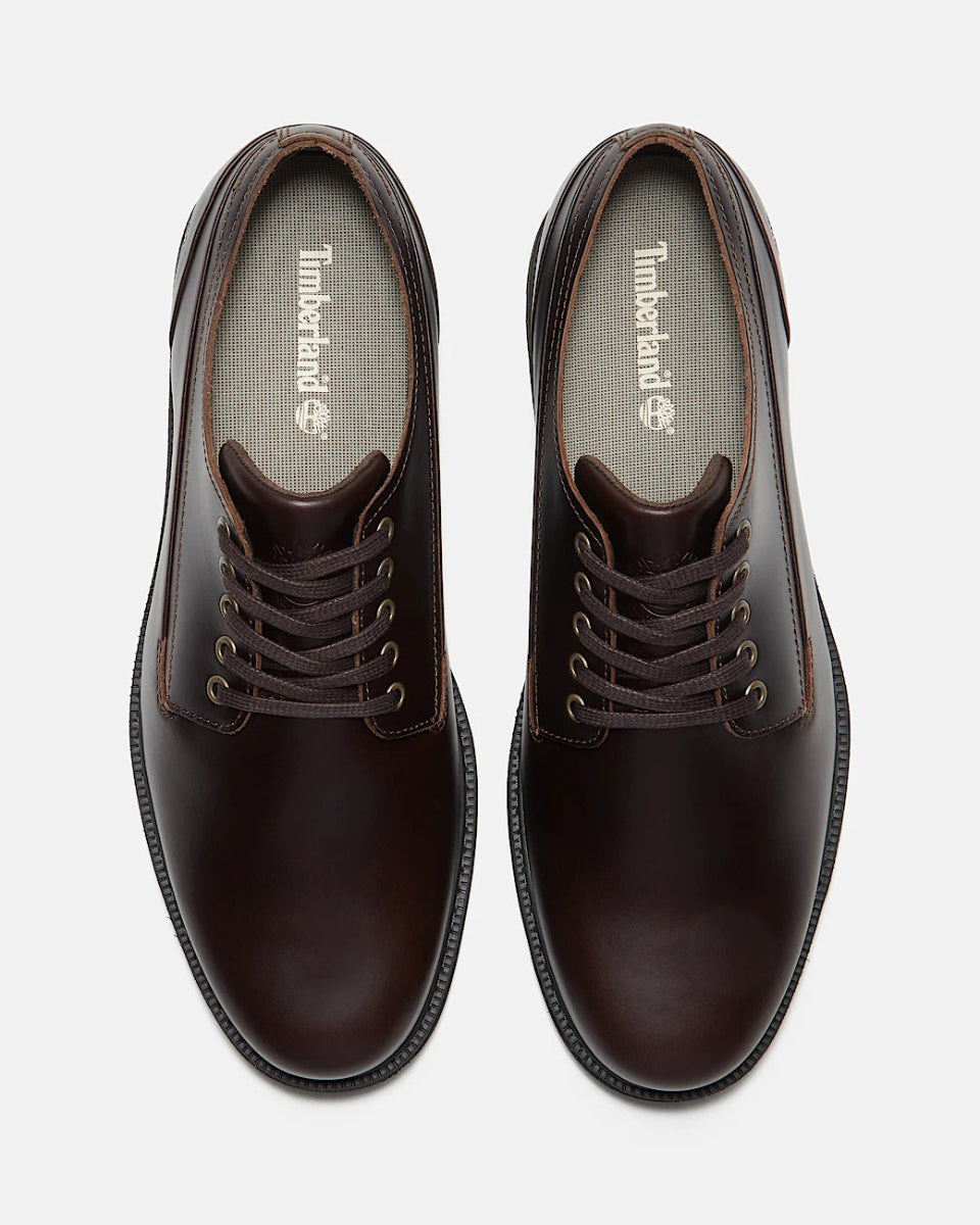 A pair of Timberland dark brown leather lace-up boots shown from a top-down view on a light gray background.