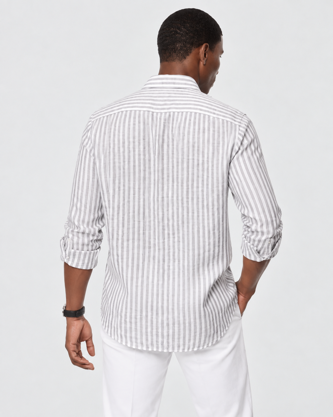 Hawes & Curtis Khaki & White Stripe Linen Shirt - Button Down Collar, Single Cuff