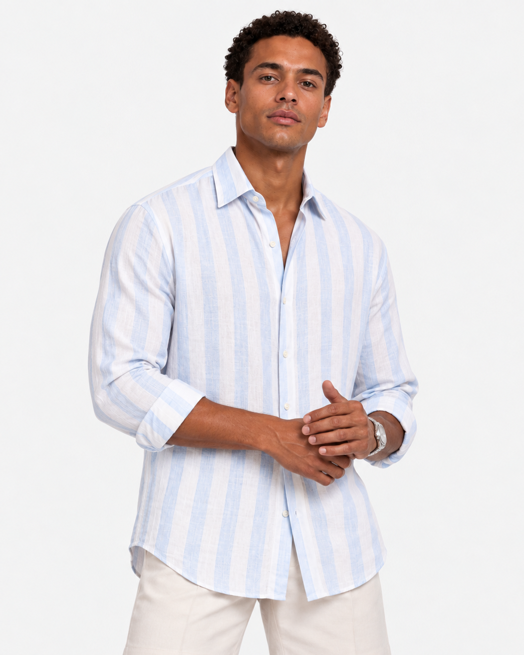 Hawes & Curtis Blue Wide Stripe Linen Shirt - Full Cutaway Collar, Single Cuff