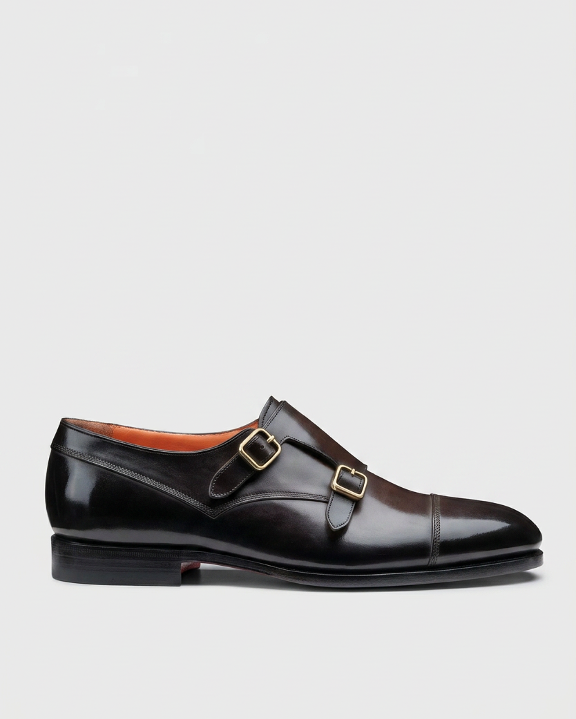 Black double-monk shoe swap preserving the grey background and original ground level