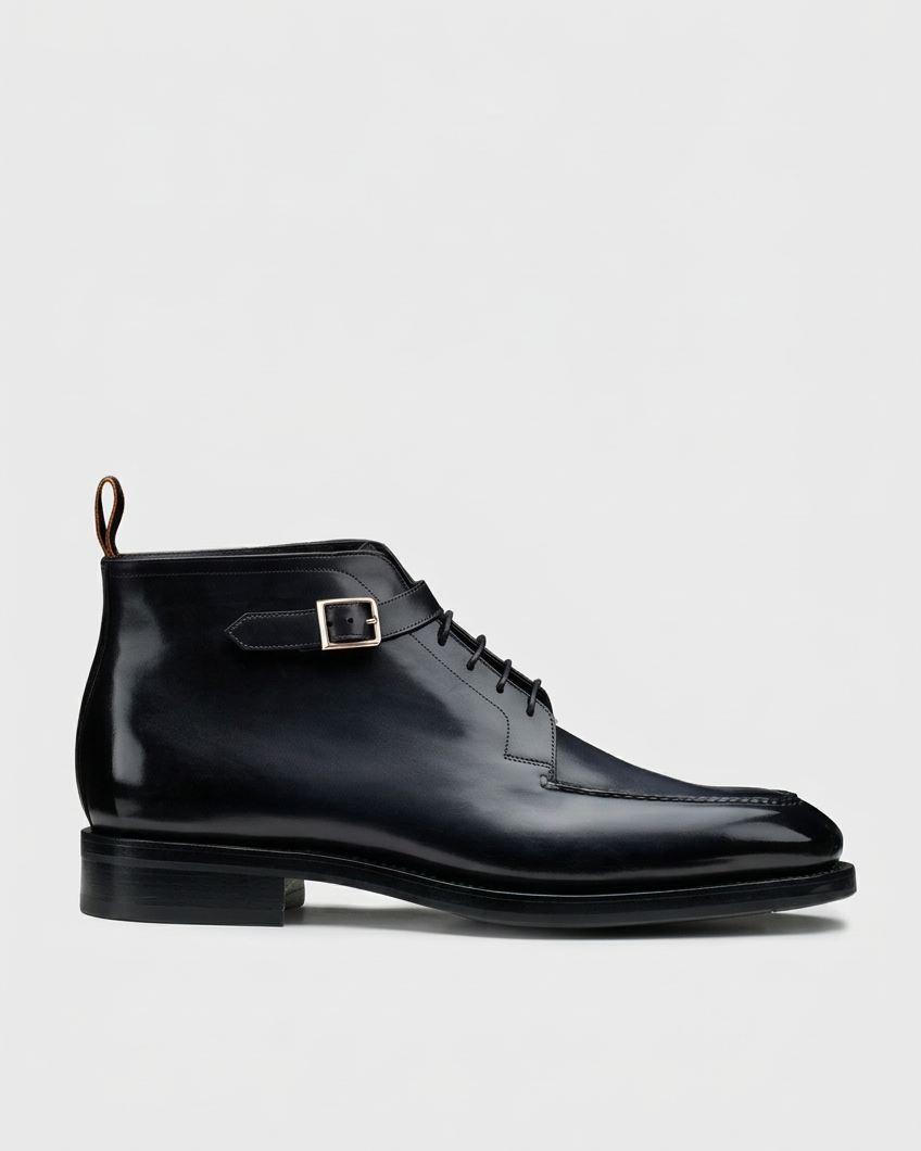 Black lace-up buckle boot swap preserving the grey background and ground level