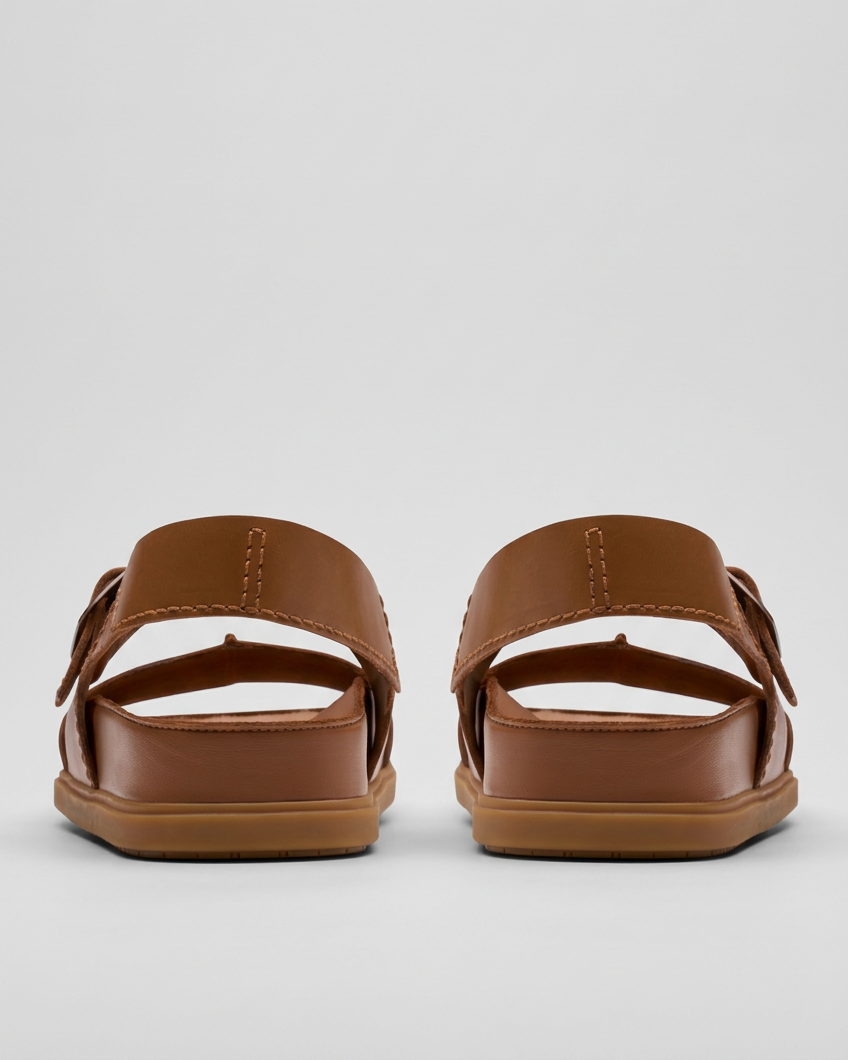 Brown sandals rear view on the matching grey background and ground level