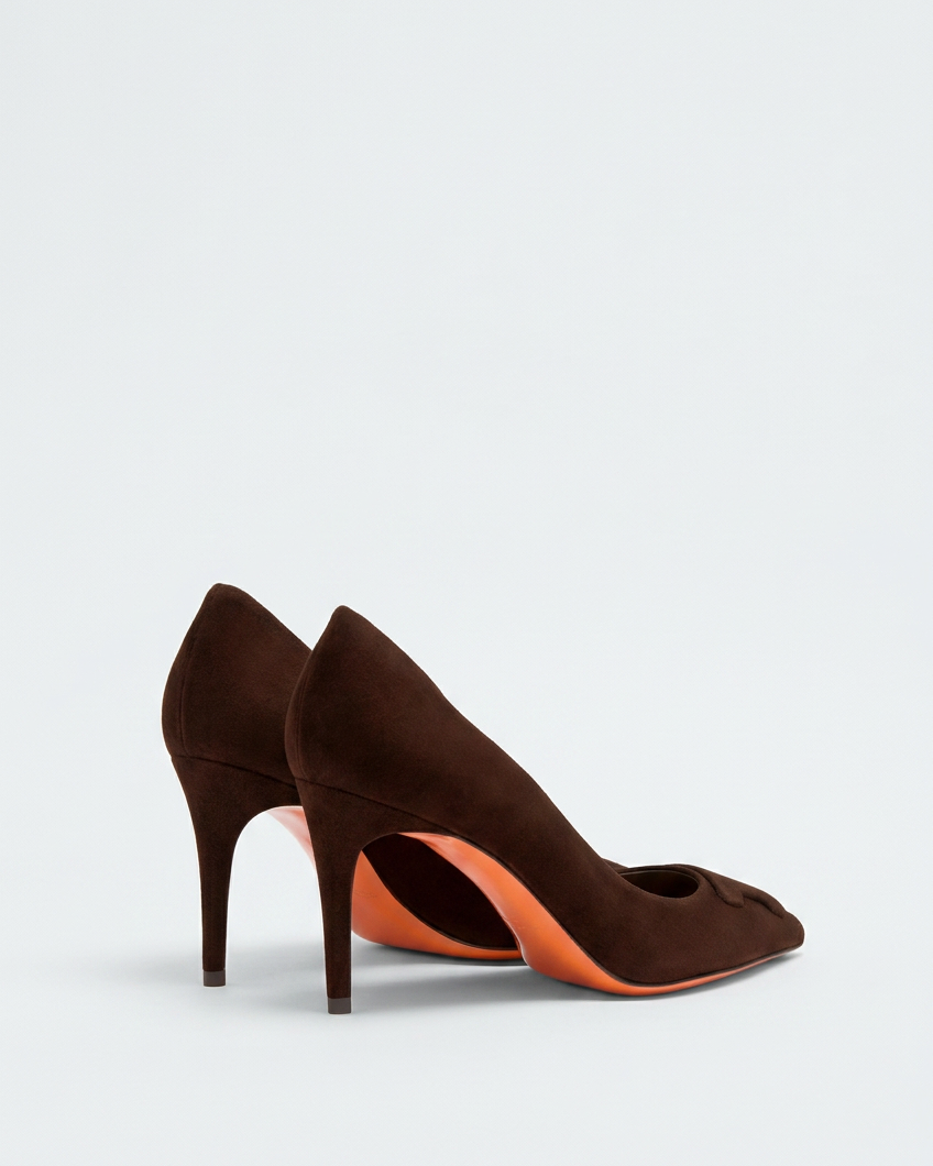 Brown suede pair swapped onto the existing pale background at the same low baseline