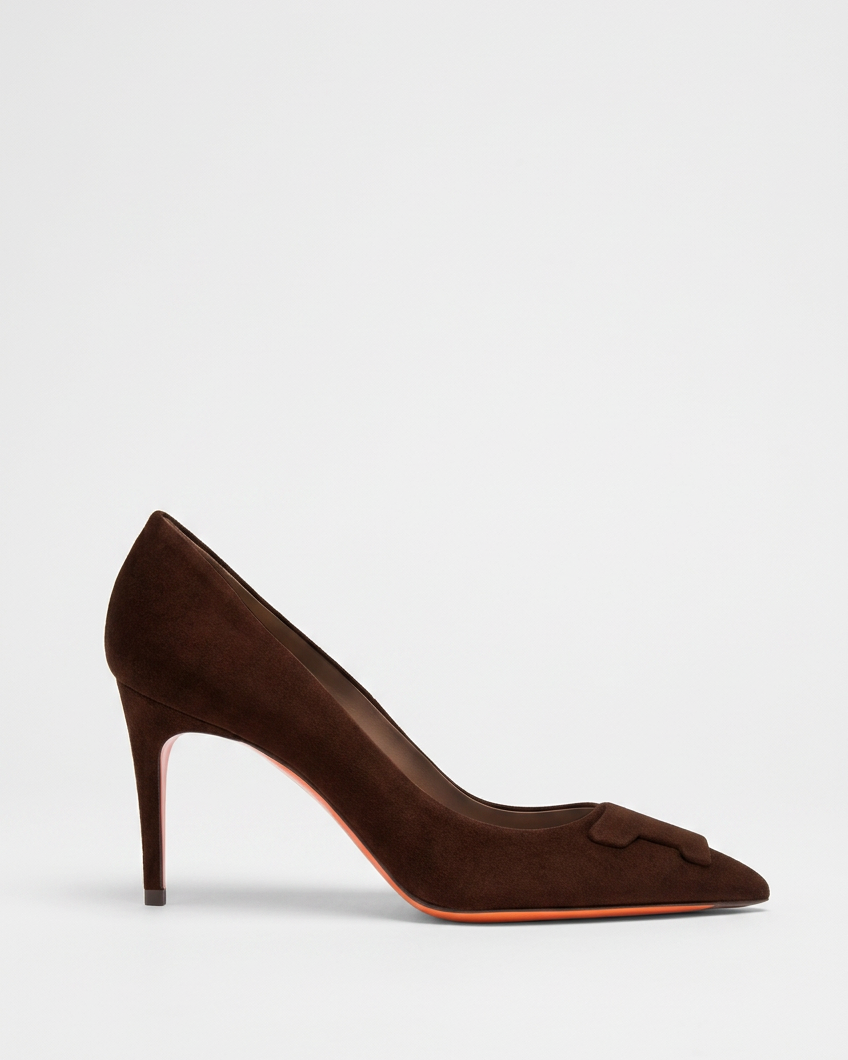 Brown suede pump swapped onto the existing pale background at the same low baseline