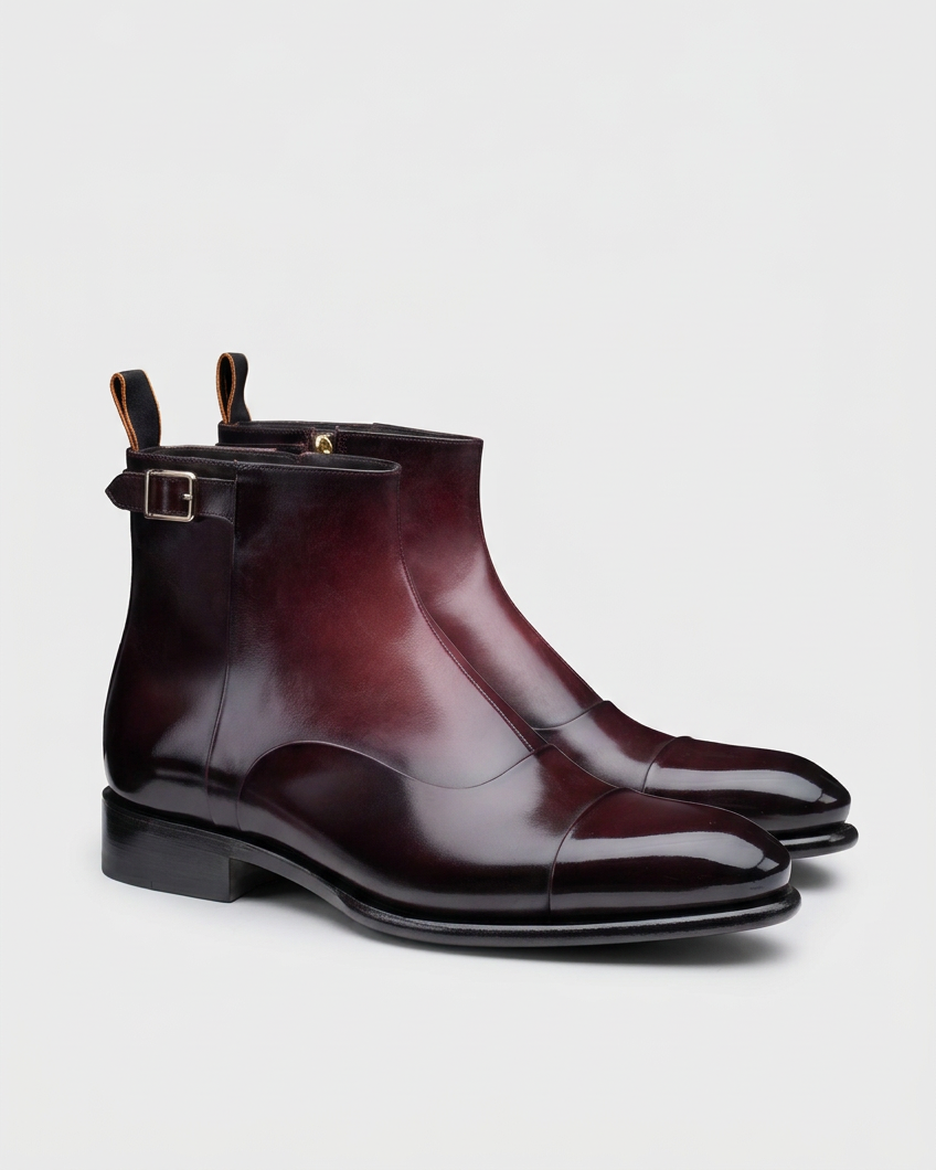 Burgundy boot pair swapped onto the grey background at the same ground level