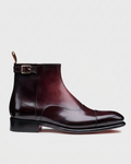 Burgundy buckle boot swap preserving the grey background and original ground level