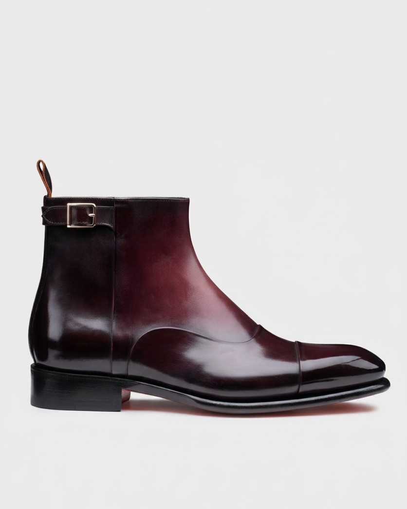 Burgundy buckle boot swap preserving the grey background and original ground level