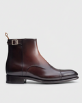 Burgundy buckle boot swap preserving the grey background and original ground level