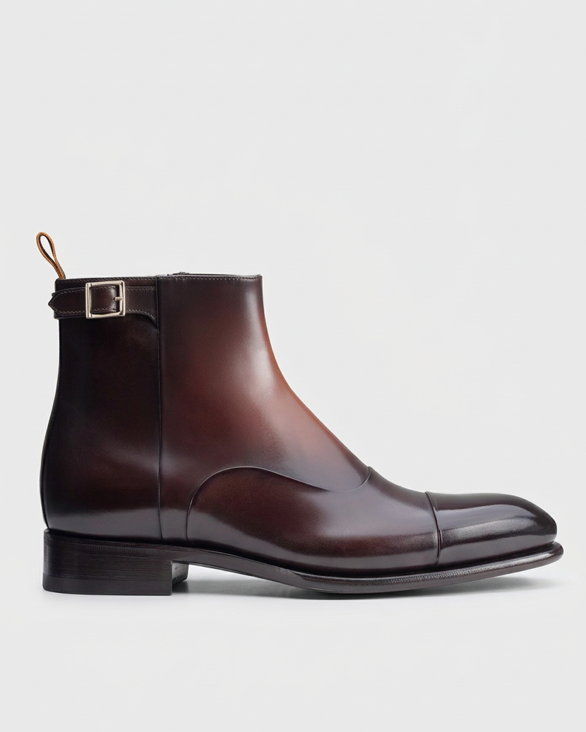Burgundy buckle boot swap preserving the grey background and original ground level