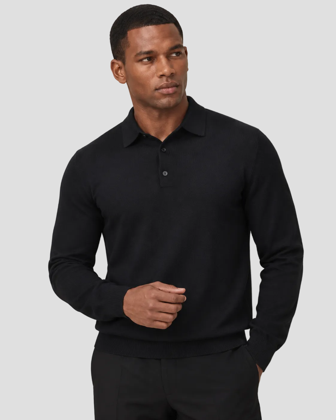 Charles Tyrwhitt Pure Merino Wool Button Neck Polo - Black