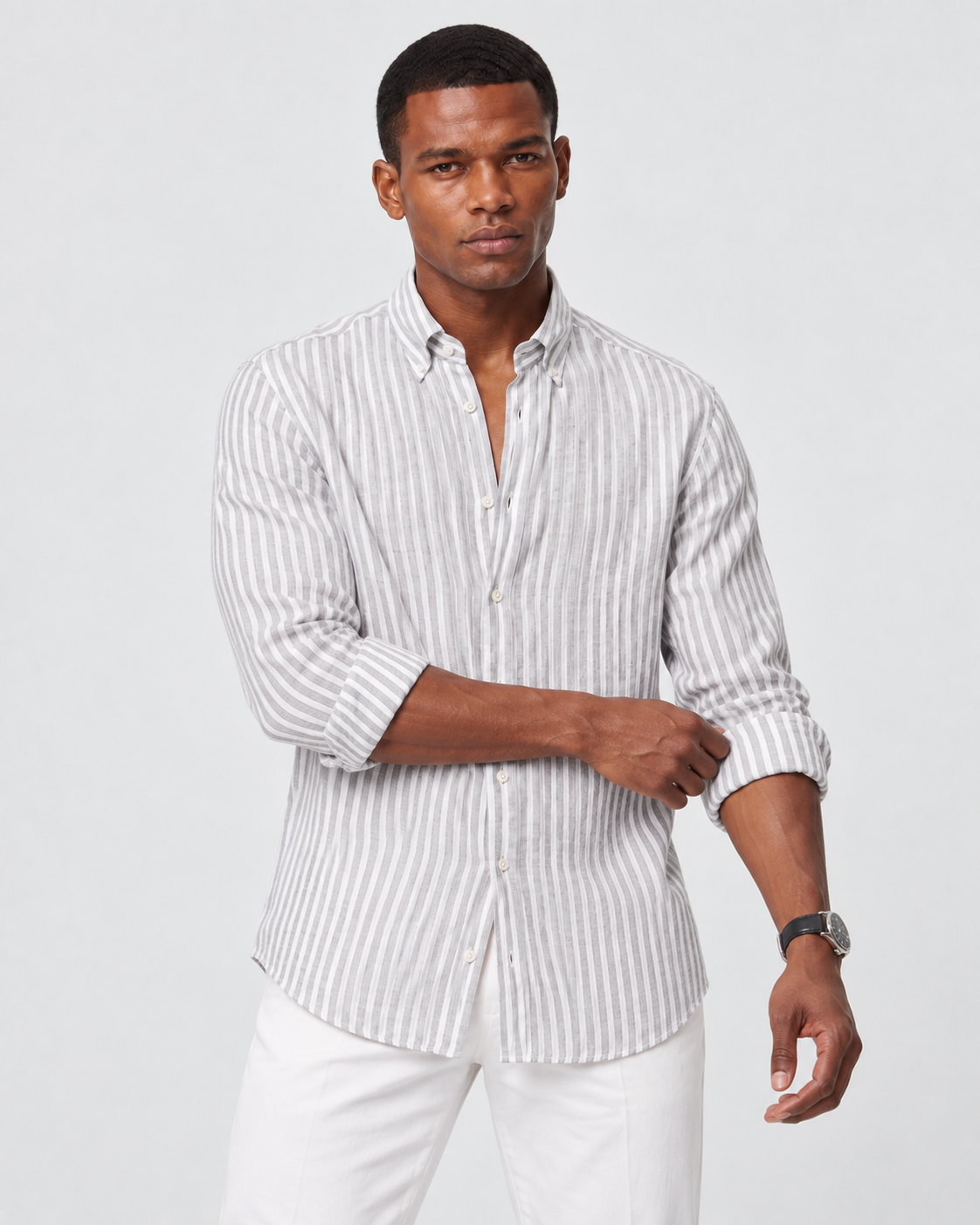 Hawes & Curtis Khaki & White Stripe Linen Shirt - Button Down Collar, Single Cuff