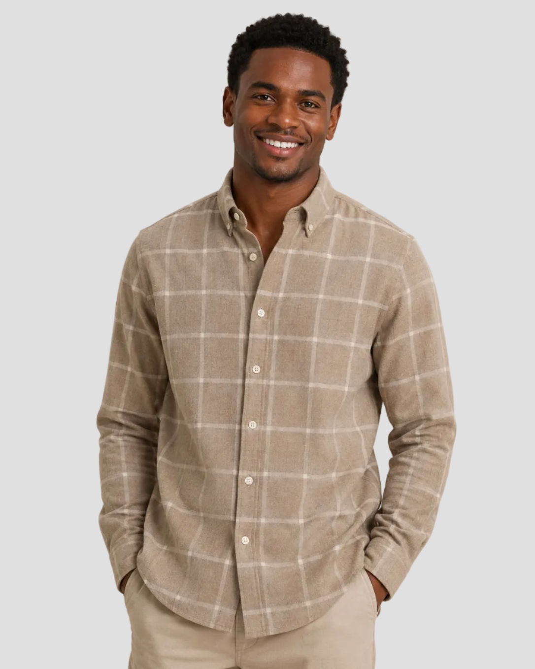 Charles Tyrwhitt Brushed Flannel Shirt - Windowpane Check Taupe