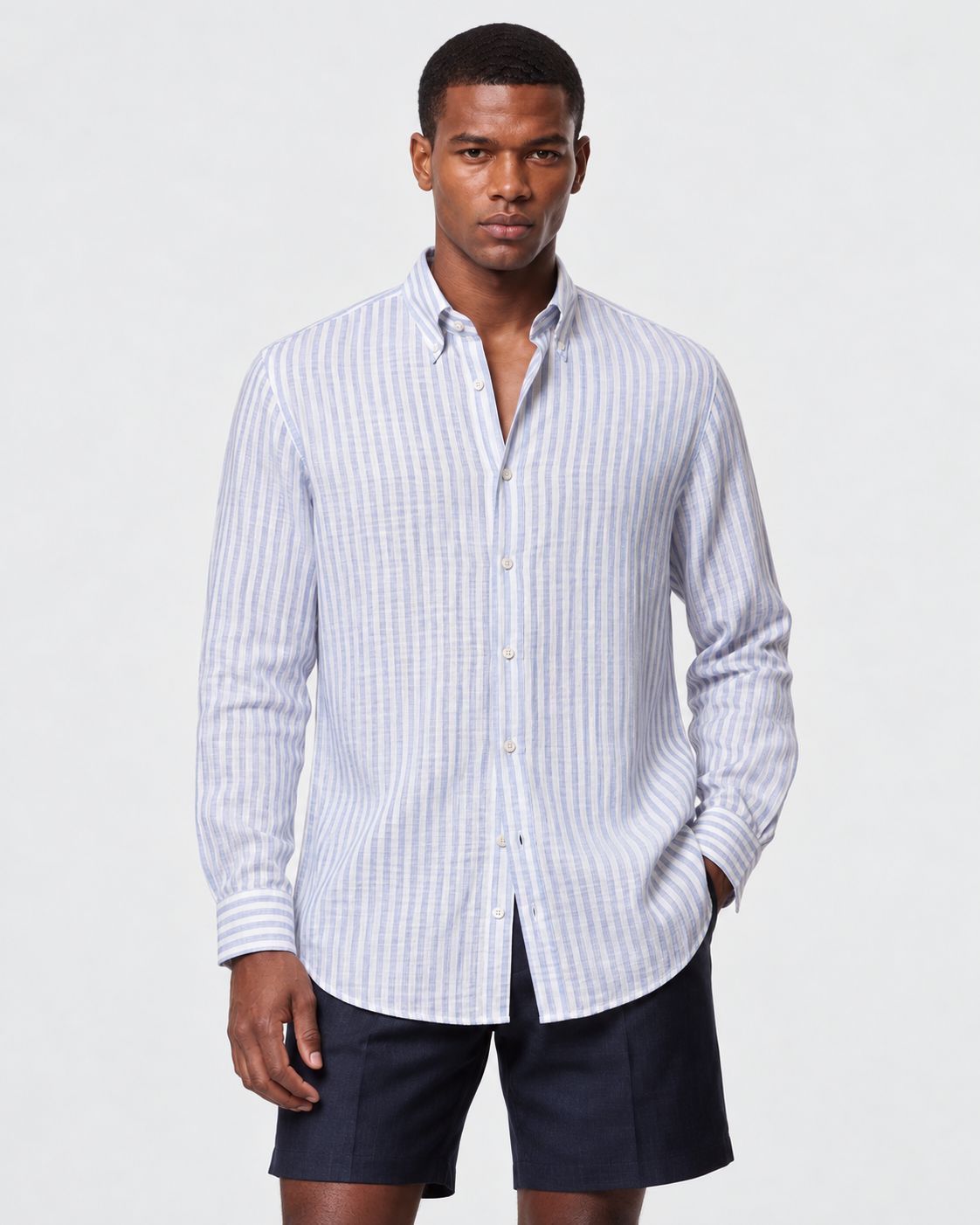 Hawes & Curtis Navy & White Stripe Linen Shirt - Button Down Collar, Single Cuff