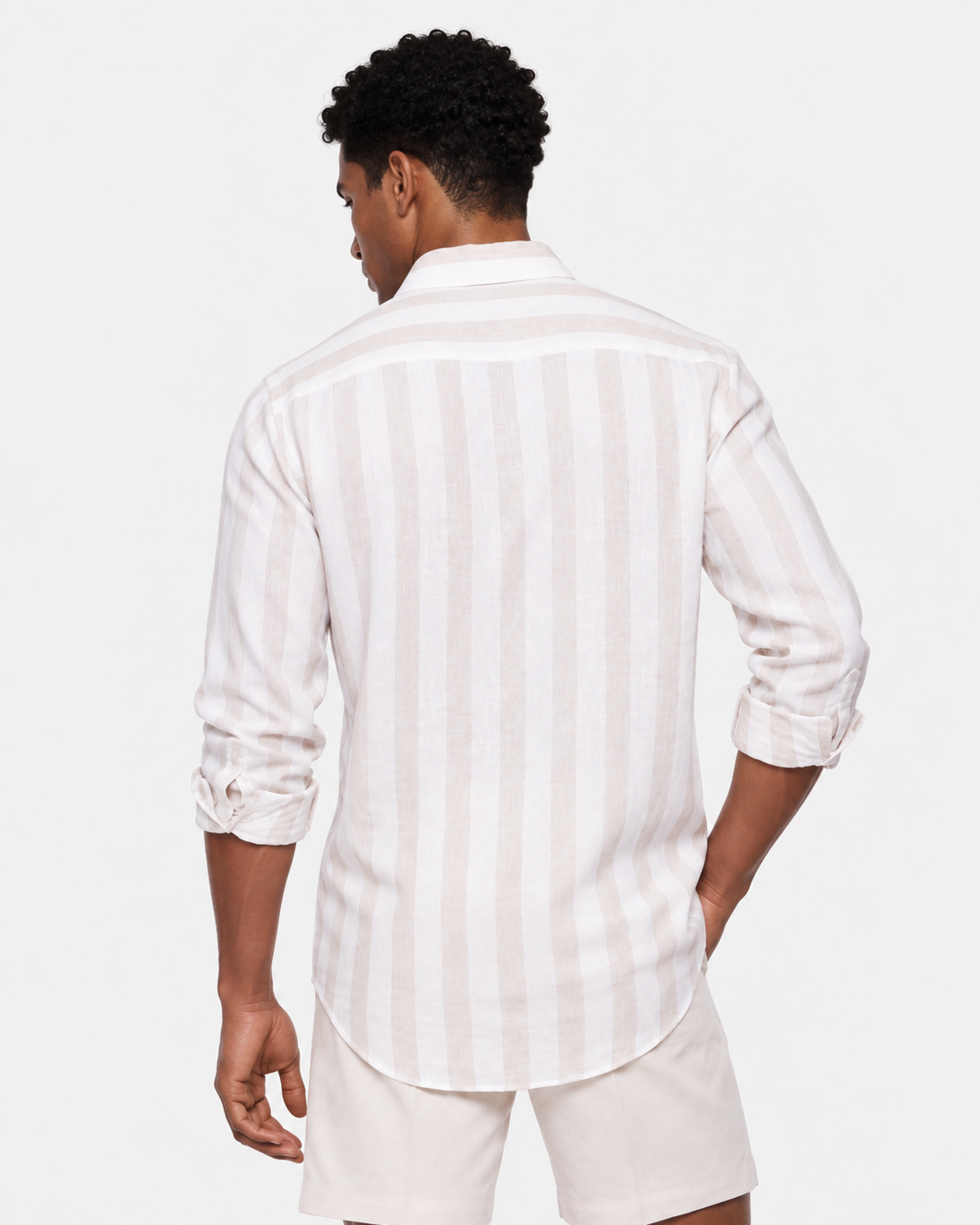 Hawes & Curtis Natural & White Wide Stripe Linen Shirt - Full Cutaway Collar, Single Cuff