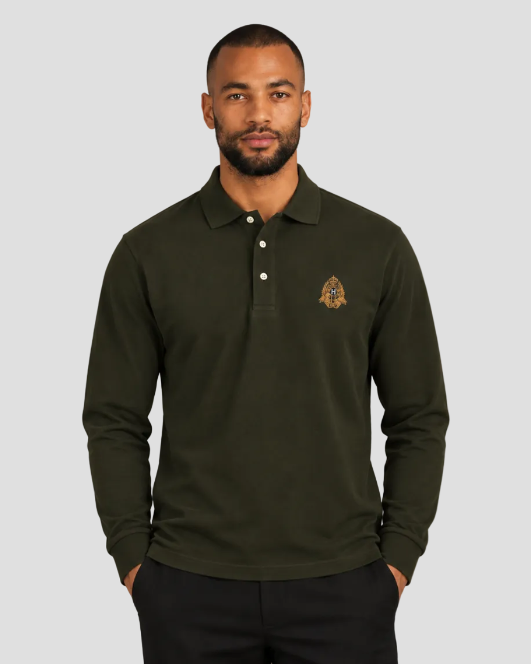 Hackett Heritage Classic Fit Long Sleeve Branded Crest Polo - Hunter Green