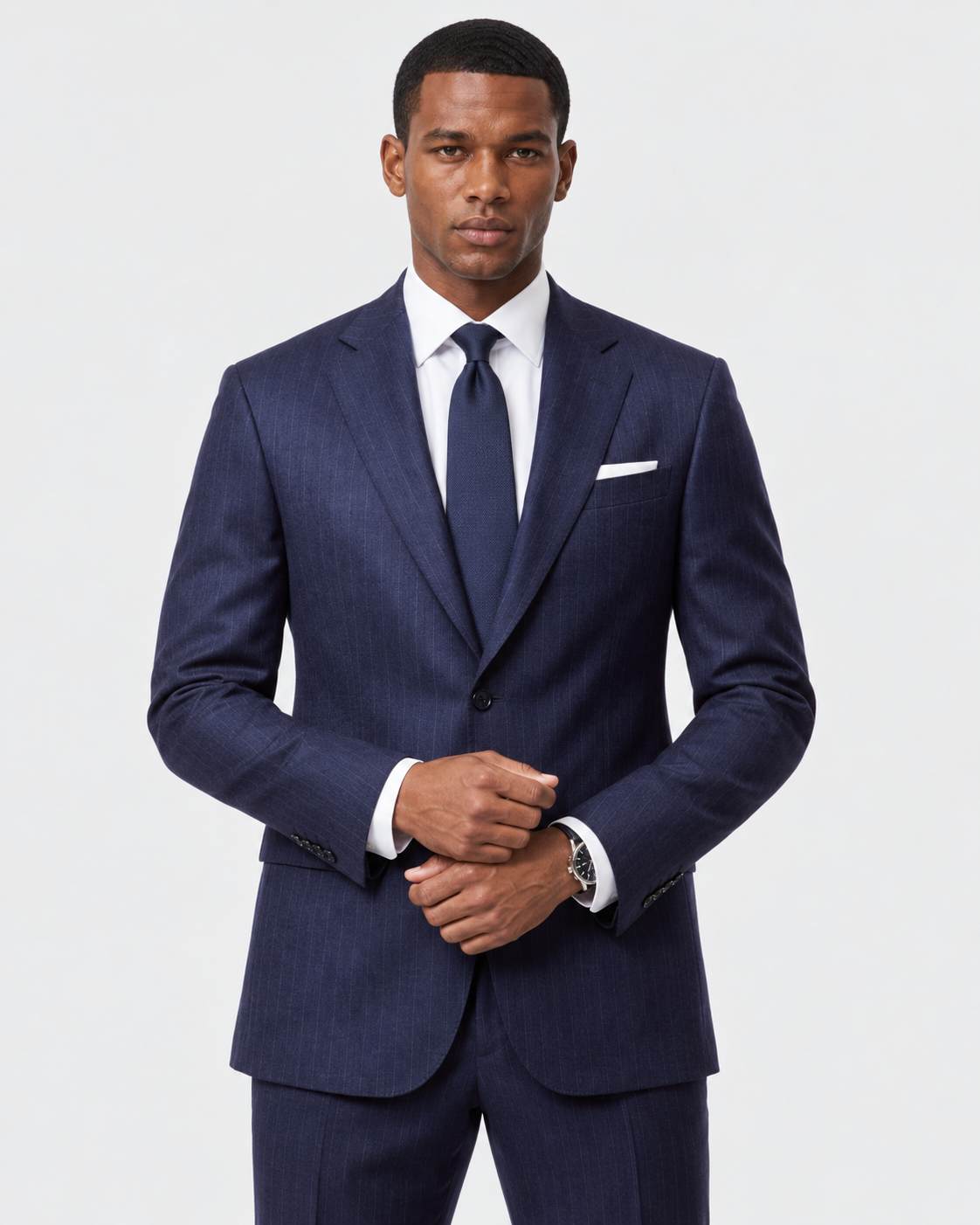 Hawes & Curtis Tailored Fit Dark Blue Stripe 1913 Suit - Super 130s Flannel Wool