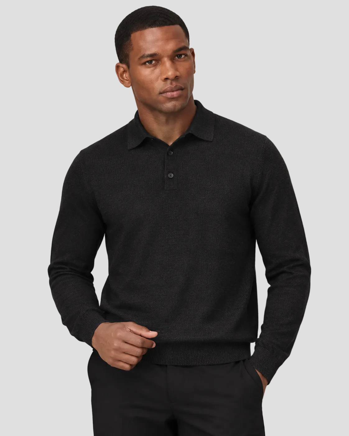 Charles Tyrwhitt Pure Merino Wool Button Neck Polo - Charcoal