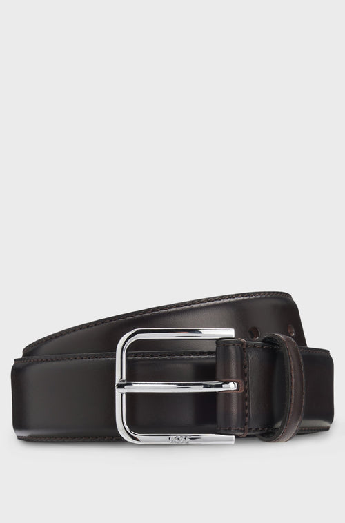 BOSS Leather Business Belt with Polished Silver Buckle