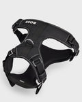 Black dog harness with 'BOSS' branding on a white background
