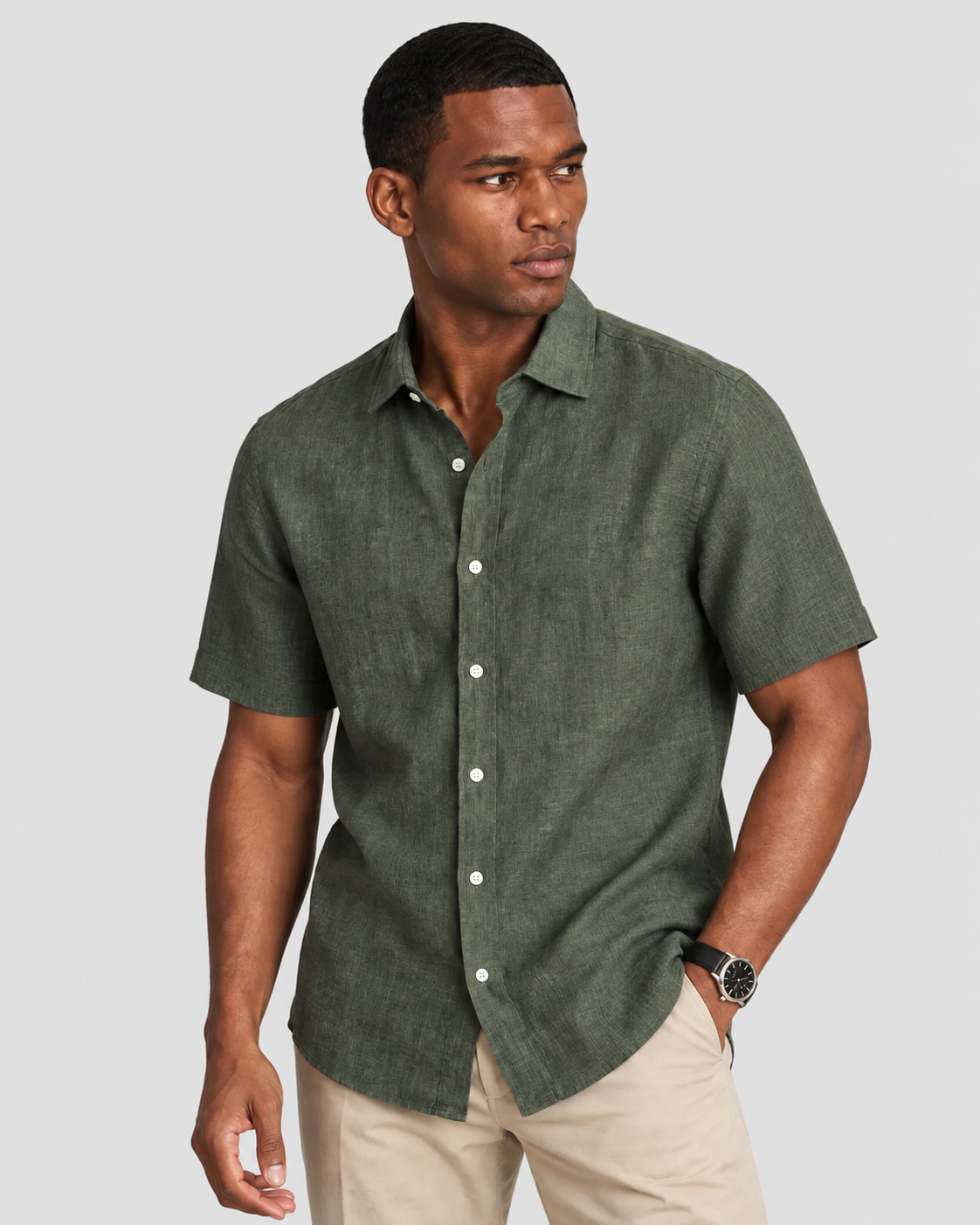 Charles Tyrwhitt Pure Linen Short Sleeve Shirt - Olive Green