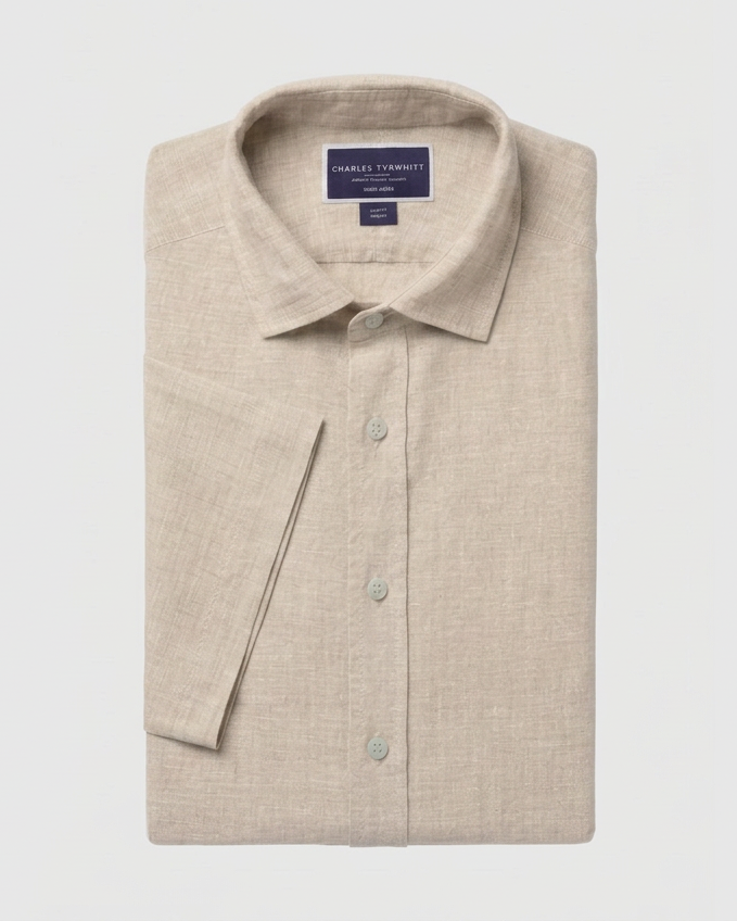Oatmeal shirt in landscape with a flattened diagonal sleeve