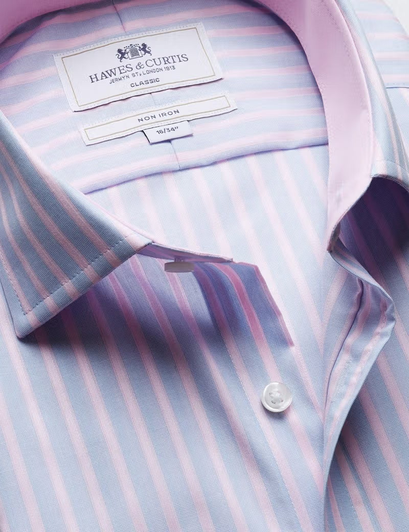 Hawes & Curtis Blue & Pink Bold Stripe Non-Iron Shirt - Contrast Detail