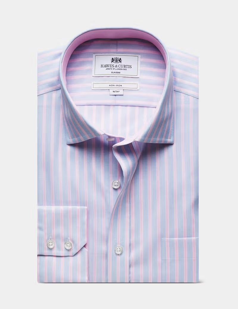 Hawes & Curtis Blue & Pink Bold Stripe Non-Iron Shirt - Contrast Detail