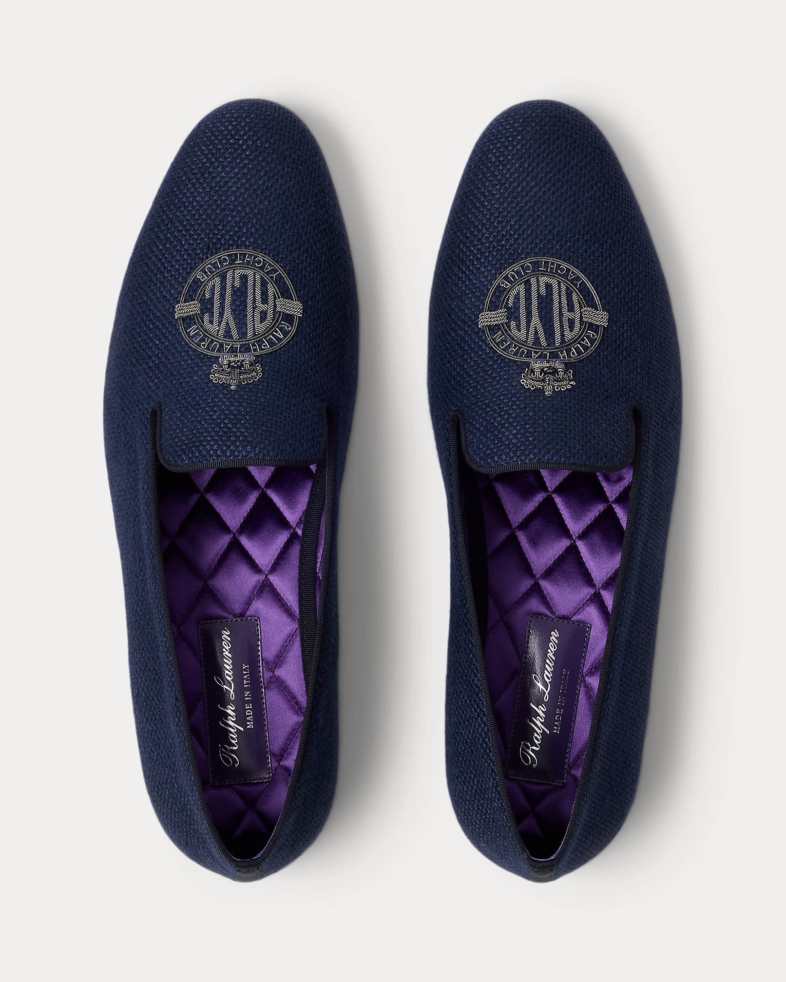 Ralph Lauren Purple Label Alonzo Bullion Crest Linen Slipper – Chairman Navy/Silver - LuxxeCoast