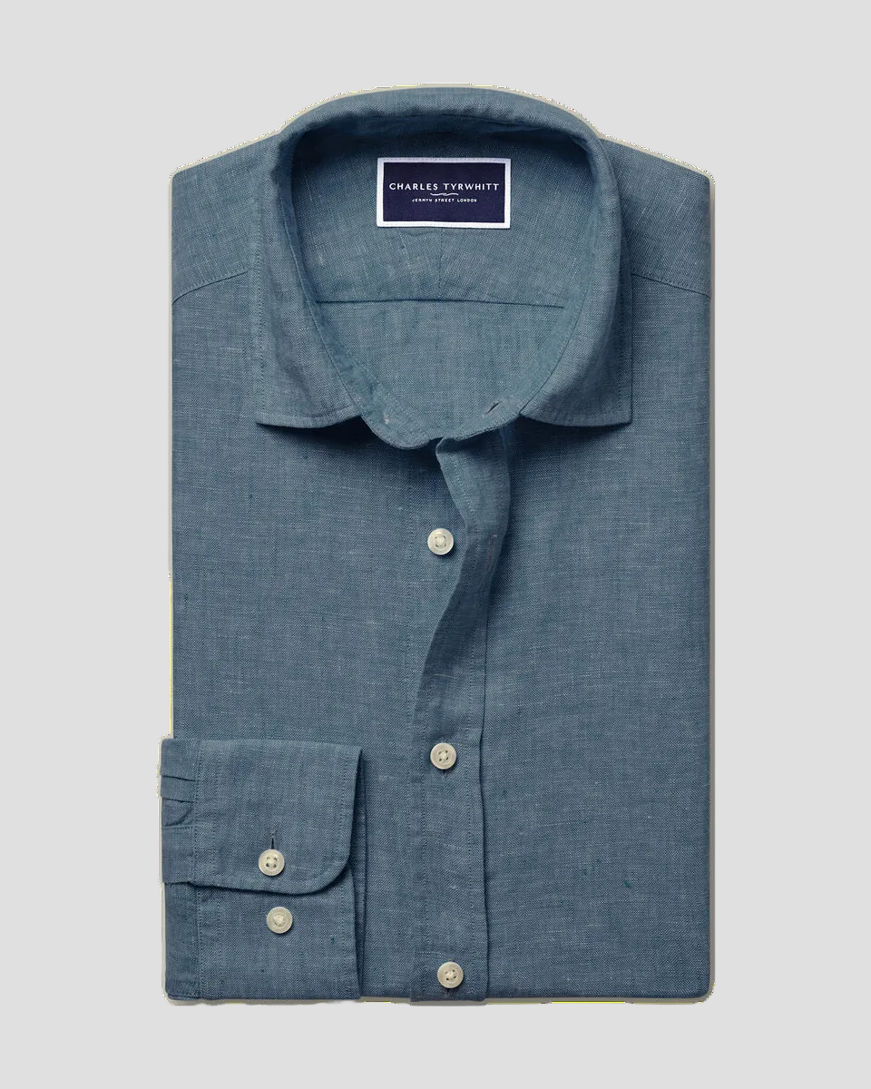 Charles Tyrwhitt Pure Linen Shirt - Airforce Blue - LuxxeCoast