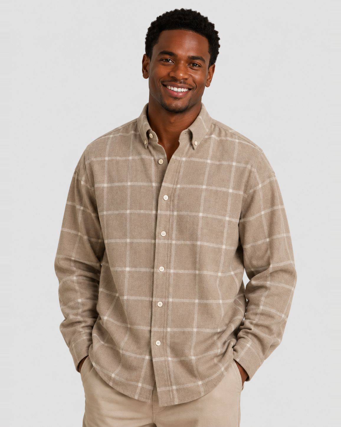 Charles Tyrwhitt Brushed Flannel Shirt - Windowpane Check Taupe