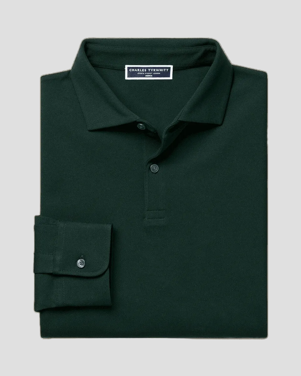 Charles Tyrwhitt Long Sleeve Smart Pique Polo - Dark Green - LuxxeCoast