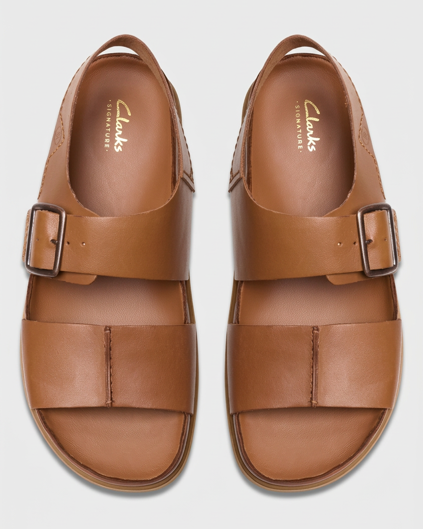 Top-view brown sandals with only the background changed to pale grey