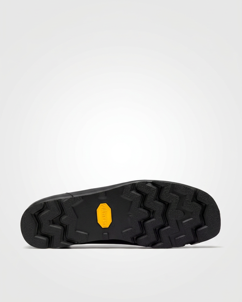 Wallabee sole view on the grey background, aligned to the trainer’s baseline