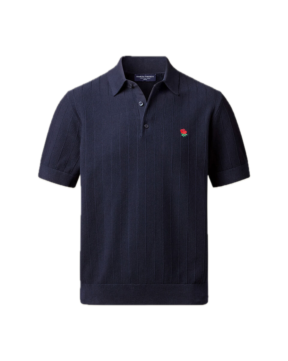Charles Tyrwhitt England Rugby Cotton Stripe Texture Knitted Polo – Navy